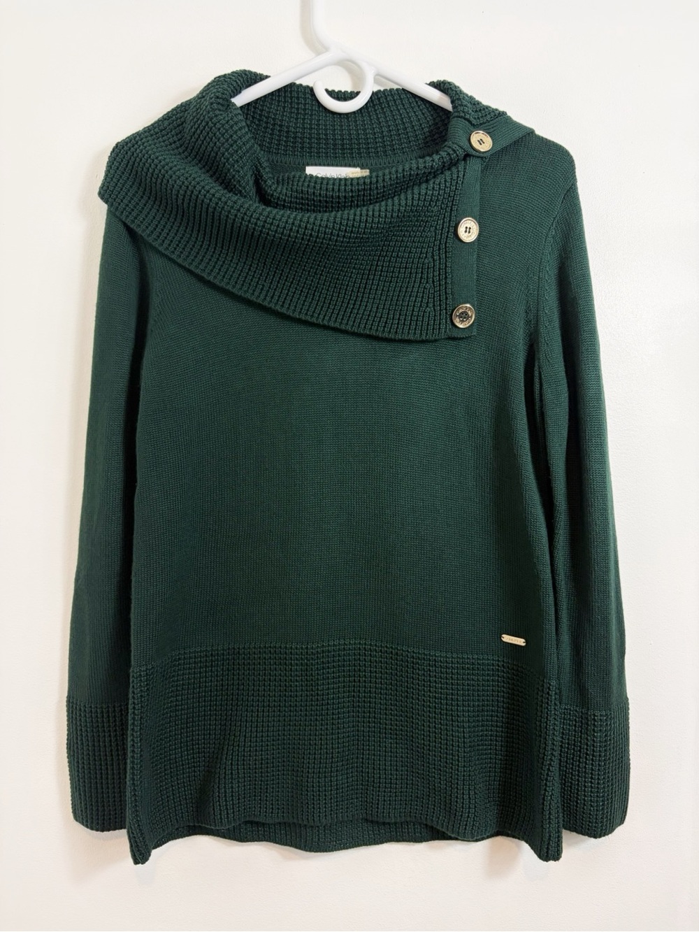 Calvin Klein Evergreen Cowl Neck Gold Button Sweater